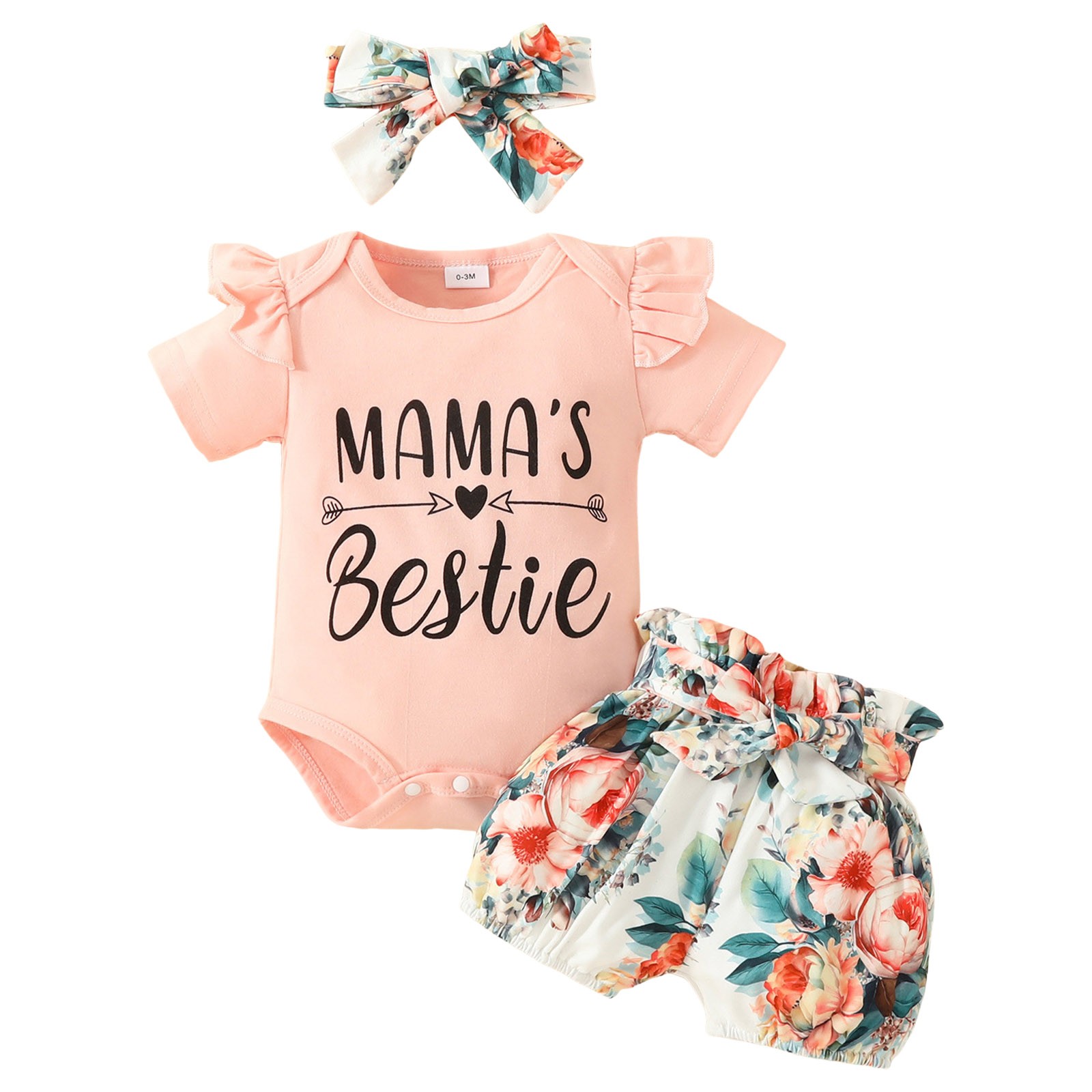 Newborn Baby Girl Outfit Ruffle Ribbed Romper Top Floral Shorts Headband Set Cute Summer(Light Pink,6-9 Months)